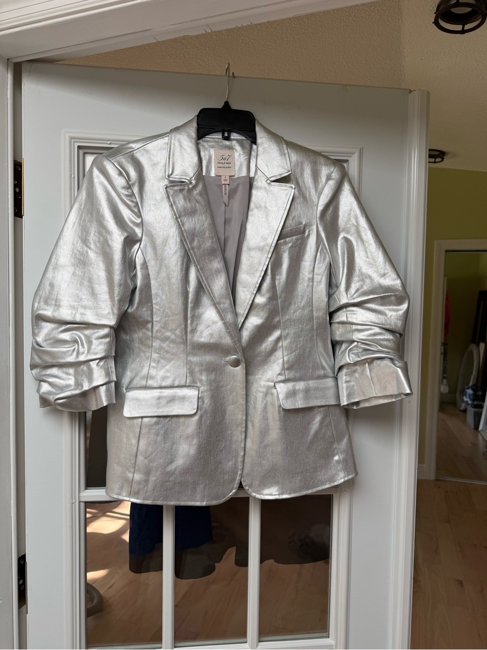 Designer Cinq a Sept Silver Foil Denim Metallic Tailored Blazer Size 4 - 6
